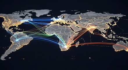 Global business connections map with vibrant international network lines