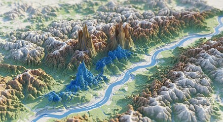 Stunning 3D topographic map showing river through mountains