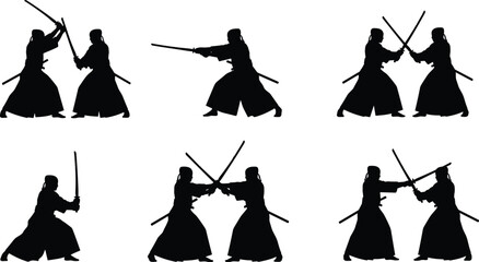 Obraz premium Samurai sword fighting silhouette set, kendo and katana combat poses, traditional Japanese martial arts duel scenes, isolated black vector illustration collection