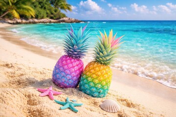 Vibrant Pineapples on a Tropical Beach with Starfish and Seashell