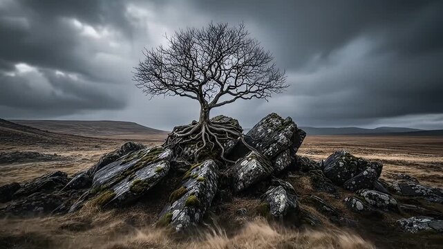 A powerful, bare tree stands majestically upon a cluster of moss-covered boulders in a vast, desolate landscape. Its intricate, exposed root system grips the rocks, symbolizing deep endurance and unwa