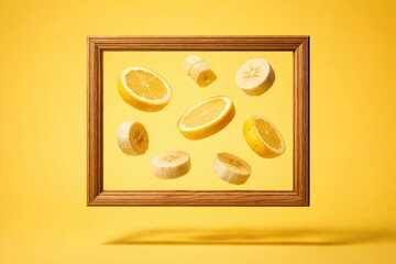 Floating Lemon and Banana Slices Captured in a Wooden Frame on Yellow.