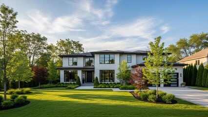 Modern white twostory house with black trim and large windows on a green lawn