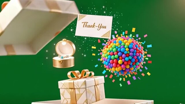 Beautiful gift box opening animation with ribbons and a large bow, untying a decorative knot. 3D animation elements showing present unpacking, 4 variations in one set, on green screen with alpha and m