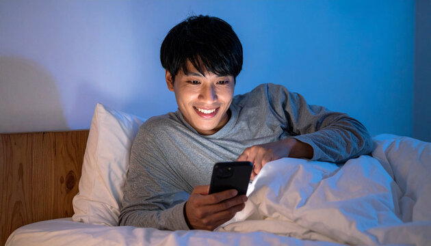 夜にスマホを見る男性