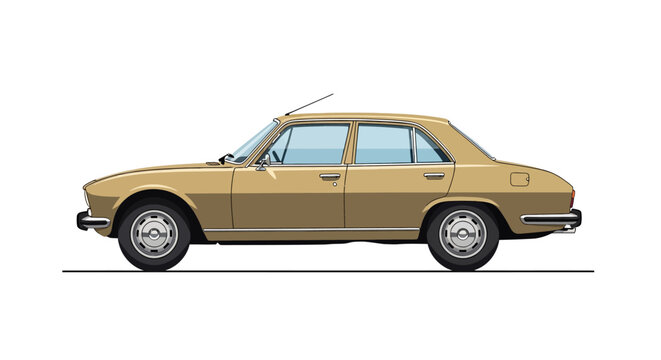 Vintage beige sedan car in side profile view on white background.