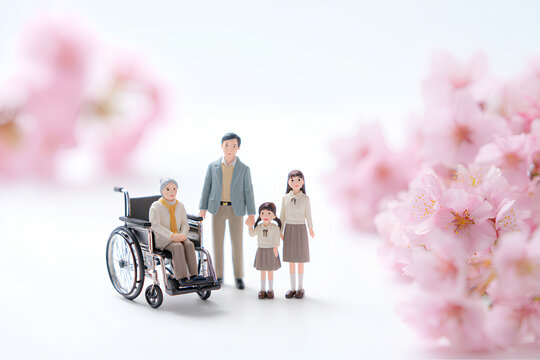 桜の花と車椅子の祖母と家族 新入生の春の風景3Dイラスト