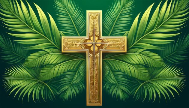 Palm sunday - Gold cross crucifix on green palm leaves on dark green background vector design