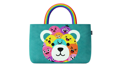 Teal Tote Bag with Colorful Emoji Bear Face and Rainbow Handle