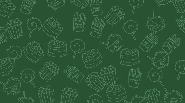Pattern of green food items like french fries, ideal for food blogs, restaurant menus, and social media posts. Perfect for foodrelated designs.