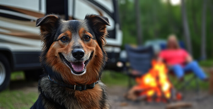 happy dog sitting in front of an rv at the campsite	
