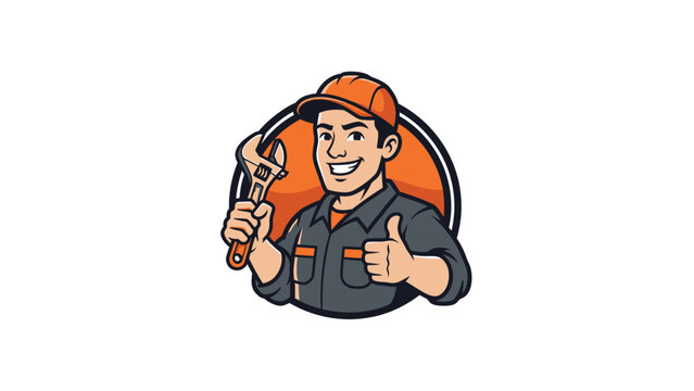 Happy Plumber Character Holding Wrench and Giving Thumbs Up.