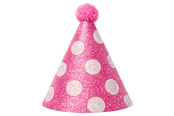 Pink glitter party hat with white polka dots and pom-pom celebrating birthdays, anniversaries, and festive events on transparent background