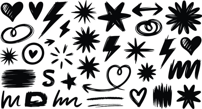Assorted black hand-drawn doodle symbols and shapes on a white background