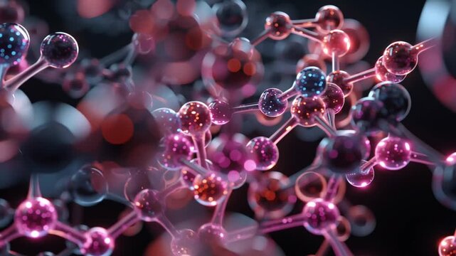 Pink Molecular Structure Connecting in Dark Space. Chemistry Science, Biological Bond, Medical Research.