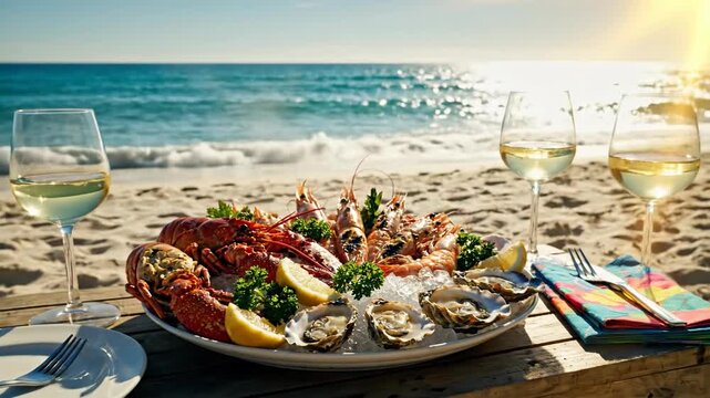 Seafood platter with lobster oysters shrimp and white wine by the ocean