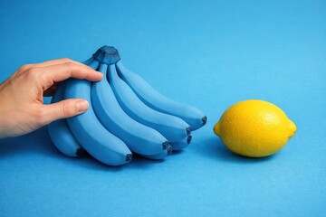 Blue Bananas and Yellow Lemon: A Contrasting Fruit Still Life Composition