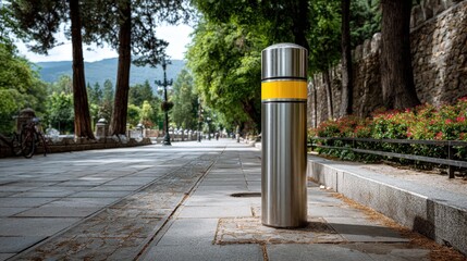 Metal bollard with yellow stripe on sidewalk in urban park during sunny day with trees and pathway visible in background