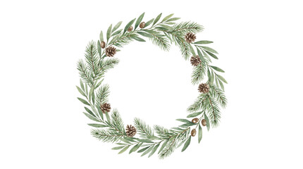 Watercolor Christmas wreath with pine needles, olive branches, pinecones, and berries