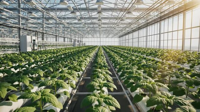 Modern Hydroponic Greenhouse Farm - Rows of Green Plants Growing