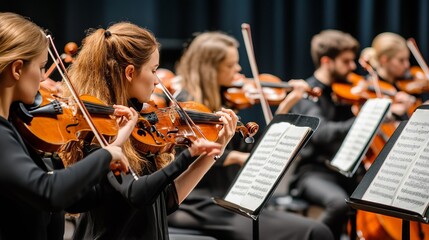 Fototapeta premium Immersive Orchestra Experience with Energetic String Session in a Stunning Concert Hall Performance