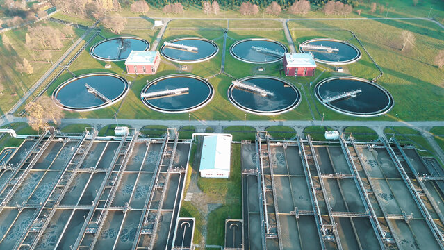 Circular filtration tanks at treatment plant