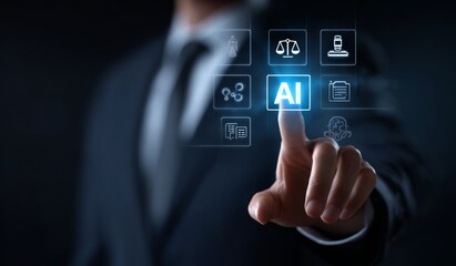 Businessman Activates AI Interface in Futuristic Digital Environment