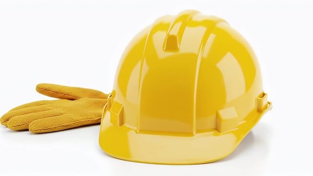 A vibrant yellow hard hat, a universal symbol of safety and industry, is prominently displayed alongside a pair of durable, textured work gloves on a pristine white background. This clean, isolated st