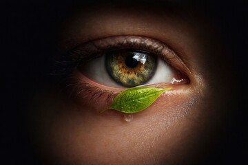 A Verdant Tear: Eye, Leaf, and a Moment of Connection.
