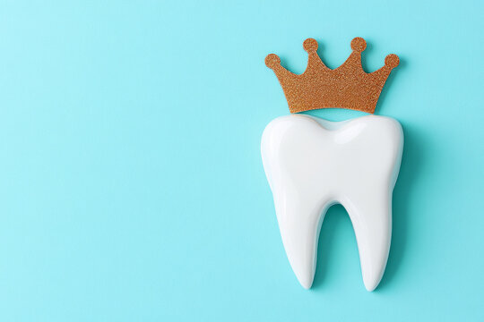 white tooth with a golden crown on a pastel blue background, 