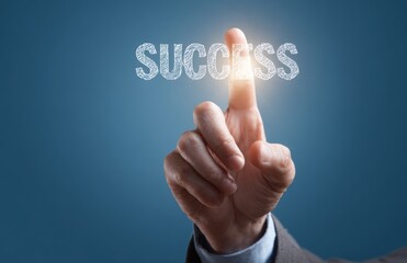 Hand pointing to word 'Success' illuminating against a blue backdrop, symbolizing achievement.