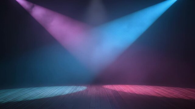 Dynamic duo of spotlights illuminates a hazy, dark stage with vibrant blue and magenta beams, creating a captivating and atmospheric visual. The shifting light patterns highlight the polished wooden f