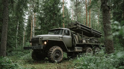 Fototapeta premium A military vehicle fitted with a missile launcher positioned in a forest, symbolizing a wartime scenario or World War setting 