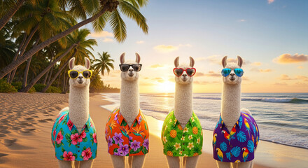 Obraz premium Four white llama wearing sunglasses and colourful shirt standing on sandy beach, symbolizing summer vacation and animal anthropomorphism