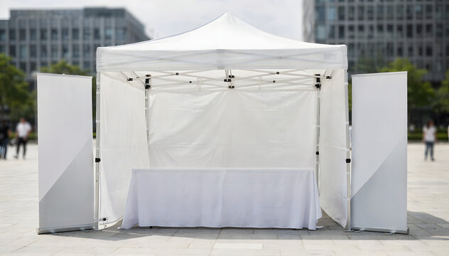 Clean White Pop-Up Tent with Table and Banners on Open Plaza for Outdoor Event, Trade Show, or Marketing Display, Ideal for Presentations and Promotionals