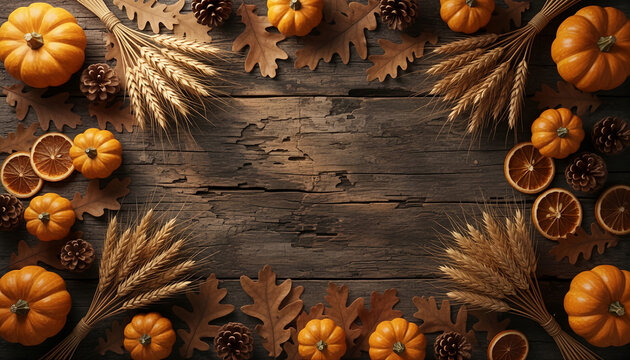 Autumn background with pumpkins, wheat and dried oranges on wood