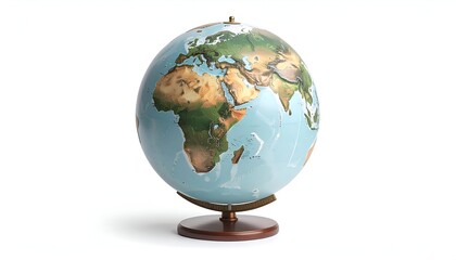 A detailed image of a globe. Features continents, oceans, and a wooden base against white