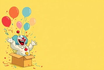 Cheerful clown bursting from a box with colorful balloons on a bright yellow background