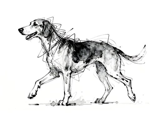 Minimalist abstract sketch series : happy American Foxhound dog, isolated studio portrait of a canine pet in pure white background 007
