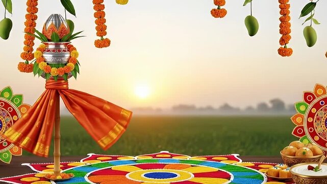 This vibrant scene captures a beautifully arranged traditional setup, featuring a decorated ceremonial pot adorned with fresh marigold garlands and rich orange fabric, prominently displayed on a bambo