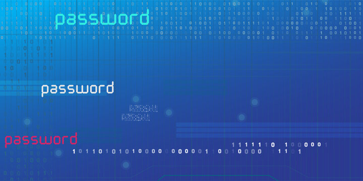 A digital blue background displays the word password three times in different colors with surrounding binary code and network lines, symbolizing cybersecurity and data protection.
