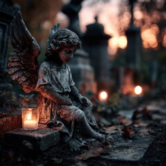 Fototapeta premium A somber angel statue in a graveyard at twilight.
