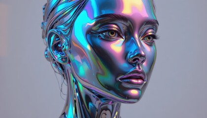 Futuristic Chrome Woman Portrait with Holographic Metallic Skin