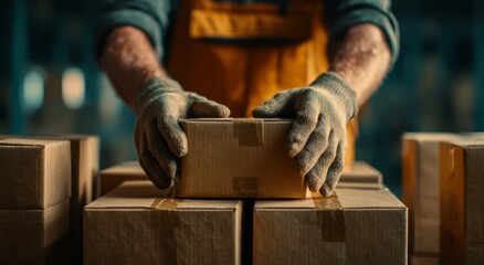 Worker in gloves handling cardboard boxes in a warehouse, symbolizing precision and logistics