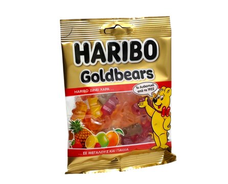 Photo of a Haribo Goldbears gummy candy bag from the iconic German confectionery brand, founded by Hans Riegel Sr. in Kessenich, Bonn, Germany.
