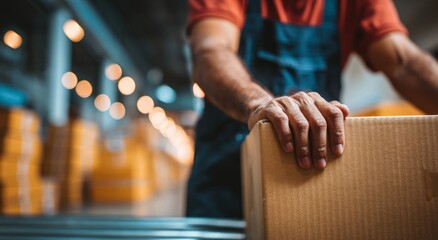 Warehouse worker handling packages with precision and care in an industrial setting