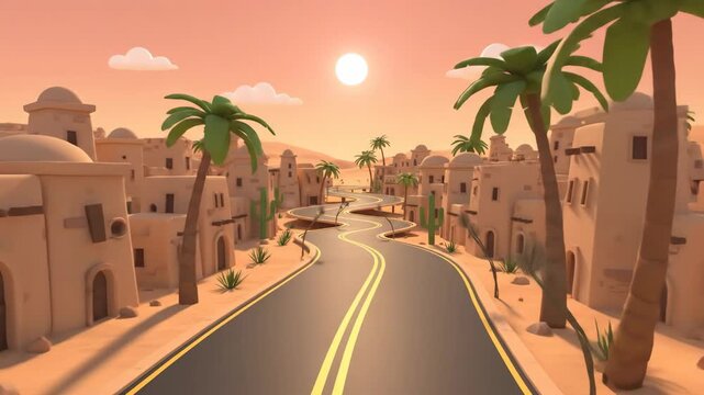 Desert landscape featuring winding road through traditional adobe buildings, palm trees, and cacti under a vibrant sunset sky with soft clouds in the background