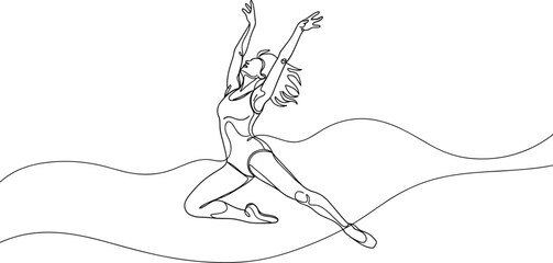 Minimal line art dancer jumping with raised arms, expressive movement illustration for fitness, freedom, joy, performance, and modern lifestyle wellness design concepts