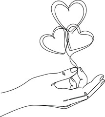 Minimal line art hand holding heart shaped balloons, romantic love concept illustration for Valentine&rsquo;s Day, wedding design, greeting cards, relationship, and affection themes