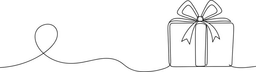 Minimal line art gift box with ribbon and heart shaped line, romantic present illustration for birthdays, Valentine&rsquo;s Day, celebrations, and surprise concept designs